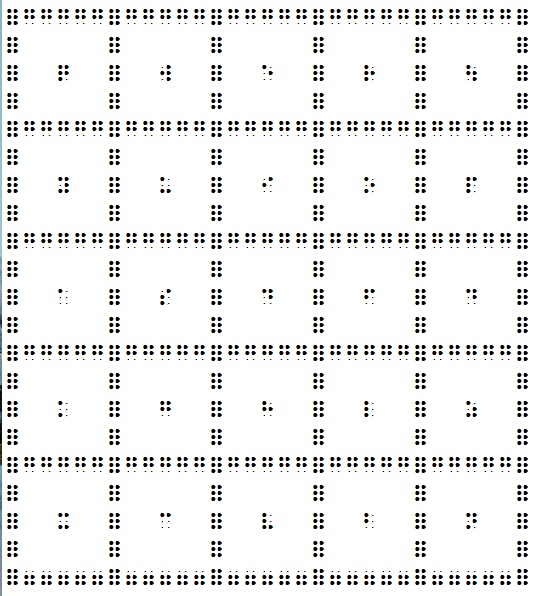 Braille bingo card with letters and contractions
